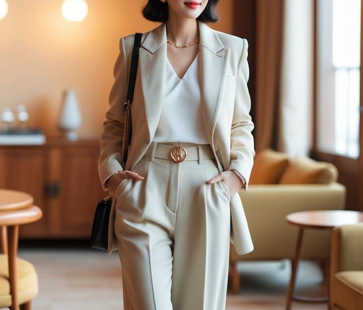 Korean young woman wearing formal beige colored outfit
