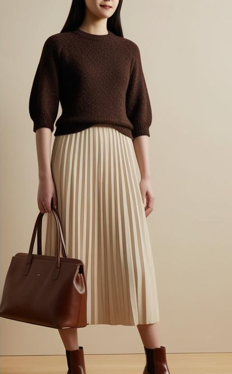 Woman wearing brown knit sweater with beige pleated skirt