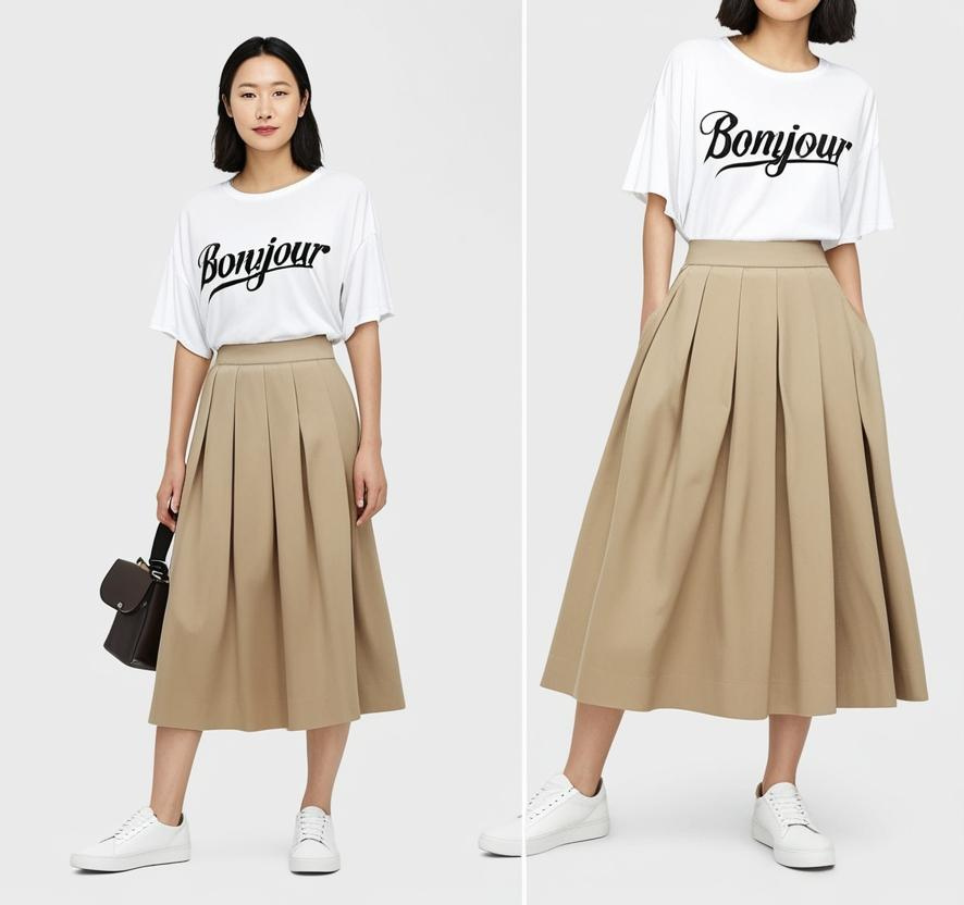 Woman wearing white t-shirt with beige midi skirt holding a black bag