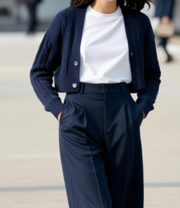 Woman wearing navy blue pants and cardigan