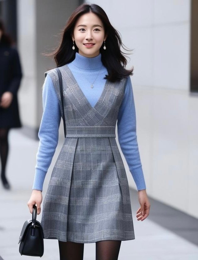 Woman wearing blue sweater with plaid A-line dress