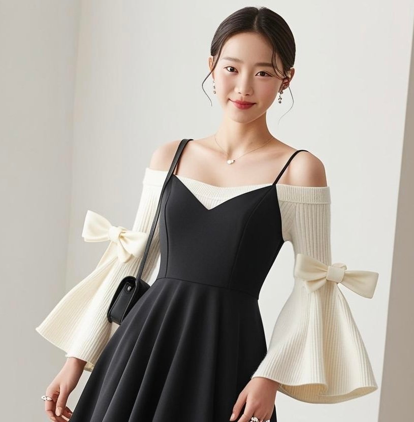 woman wearing black slip dress with beauiful off-shoulder white sweater underneath