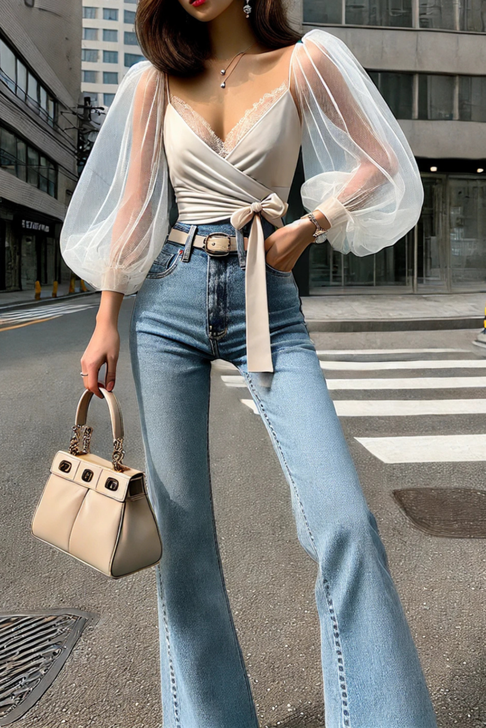 Woman wearing a sheer fancy top with light wash jeans
