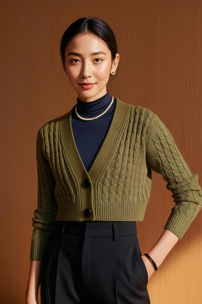 Capsule wardrobe with a cardigan, turtle neck and trousers.