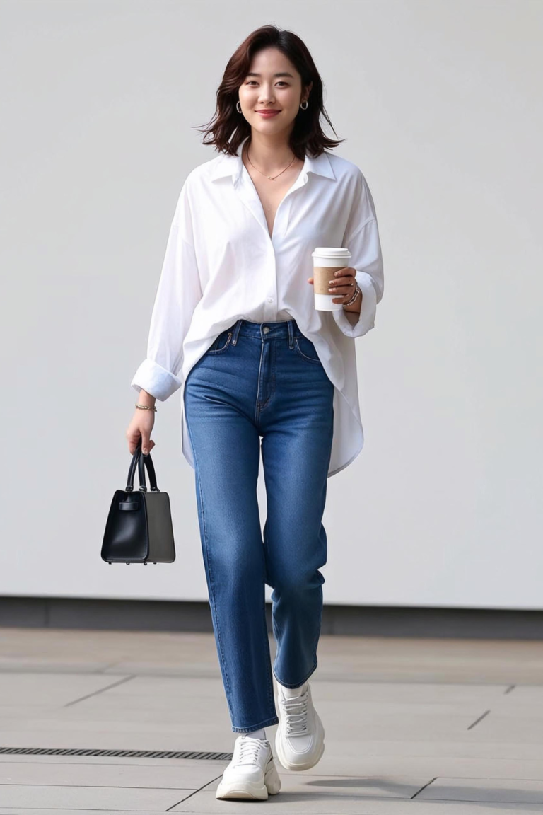 Woman wearing a loose fit white buttons down shirt and a blue straight fit jeans.