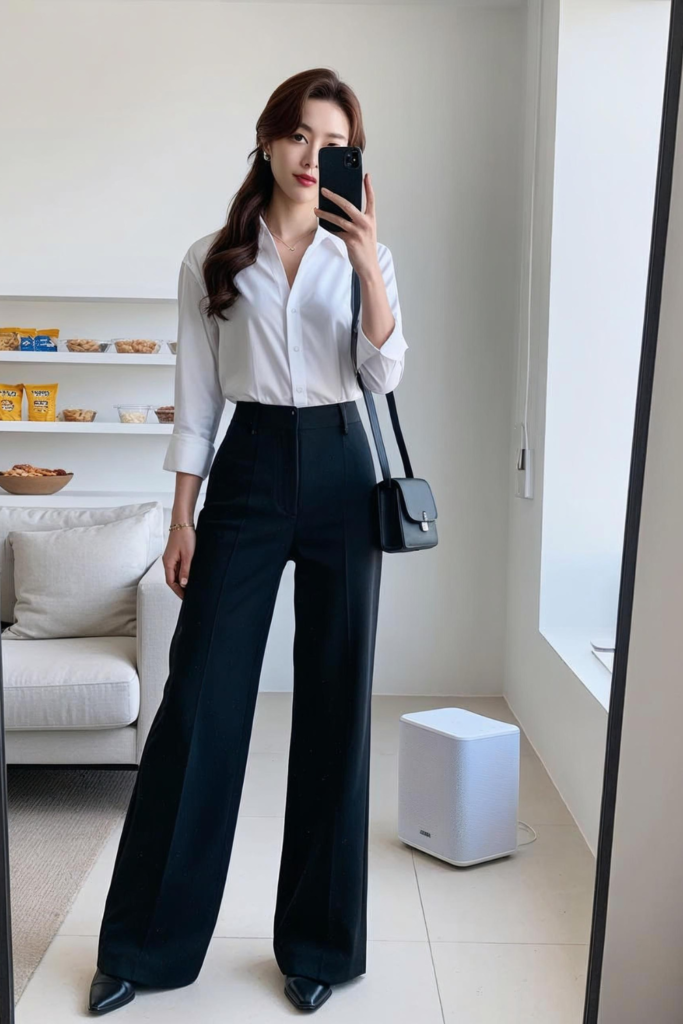 Capsule wardrobe from a basic white button down shirt and trousers