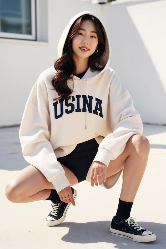 A woman wearing an oversized hoodie with shorts.