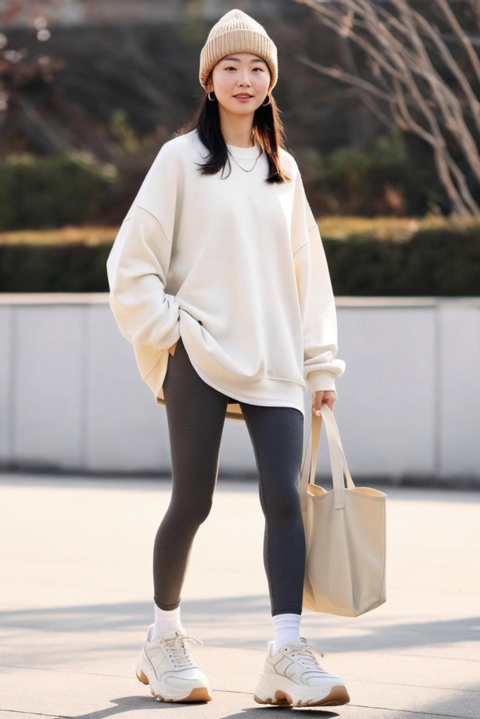 College Outfits with oversized sweatshirt and leggings.