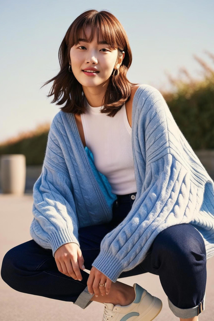 College outfits with chunky cardigan and slim fit jeans.