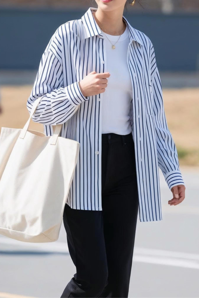 A woman wearing blue and white striped shirt with white top and black jeans.