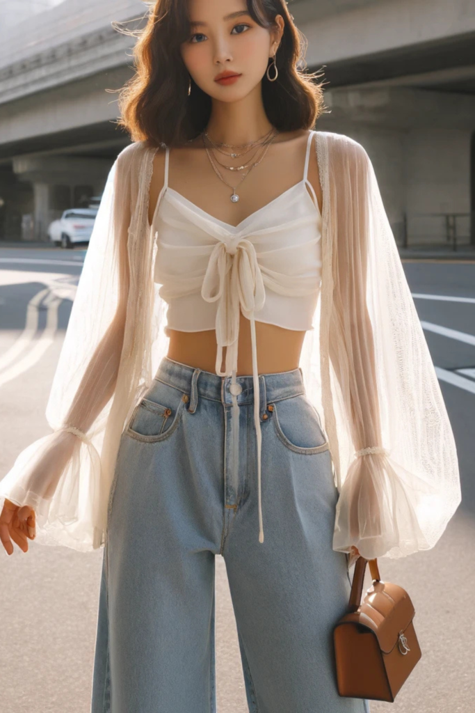 Sheer fashion blouse with beautiful bow at front and a shrug with puffy sleeves