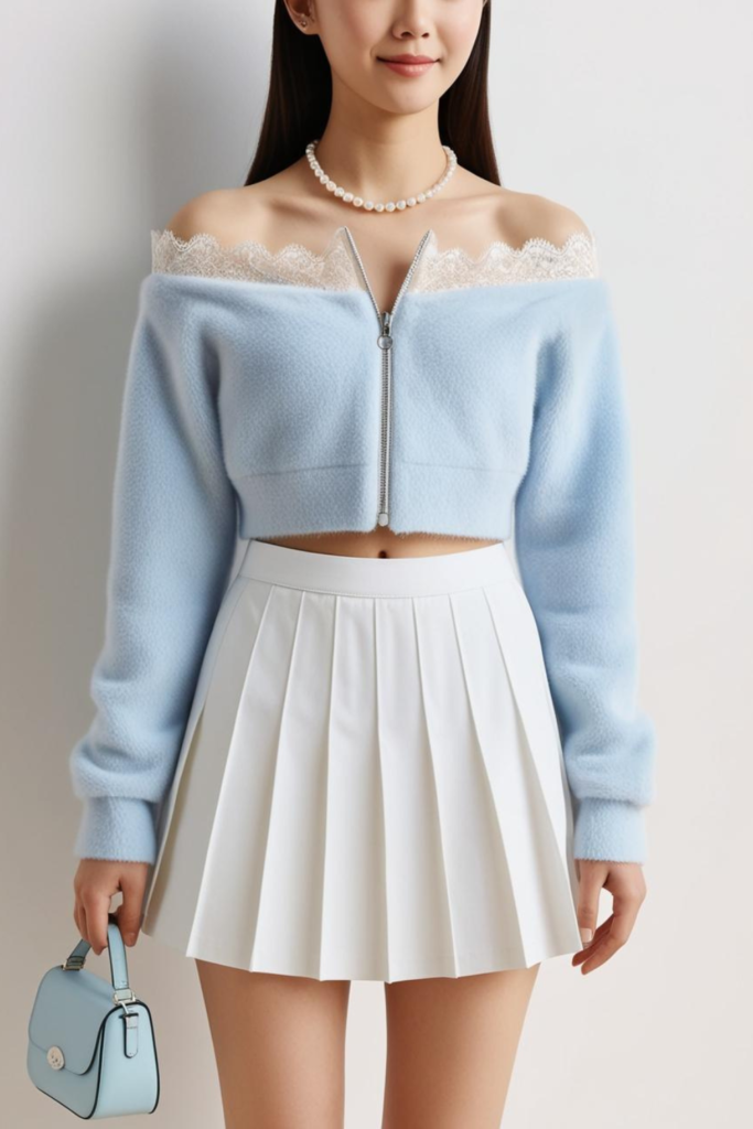 Soft girl outfit with pastel blue top and white tennis skirt