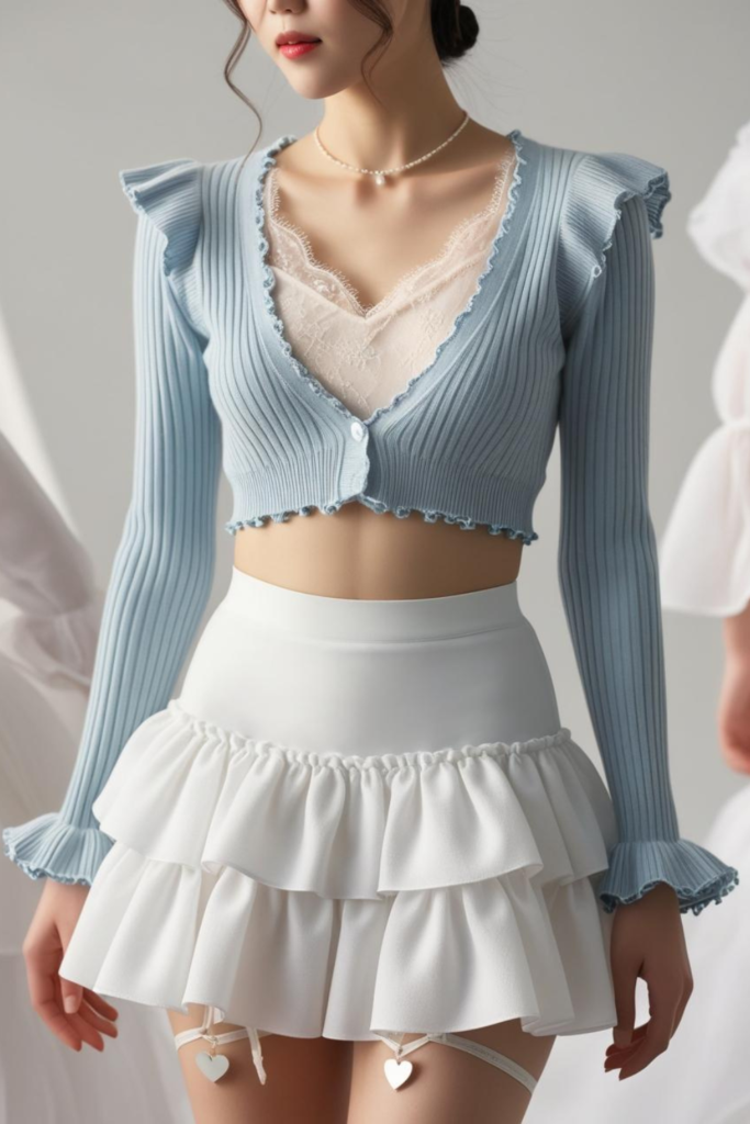 Soft girl outfit with pastel blue cardigan with tiered ruffled skirt