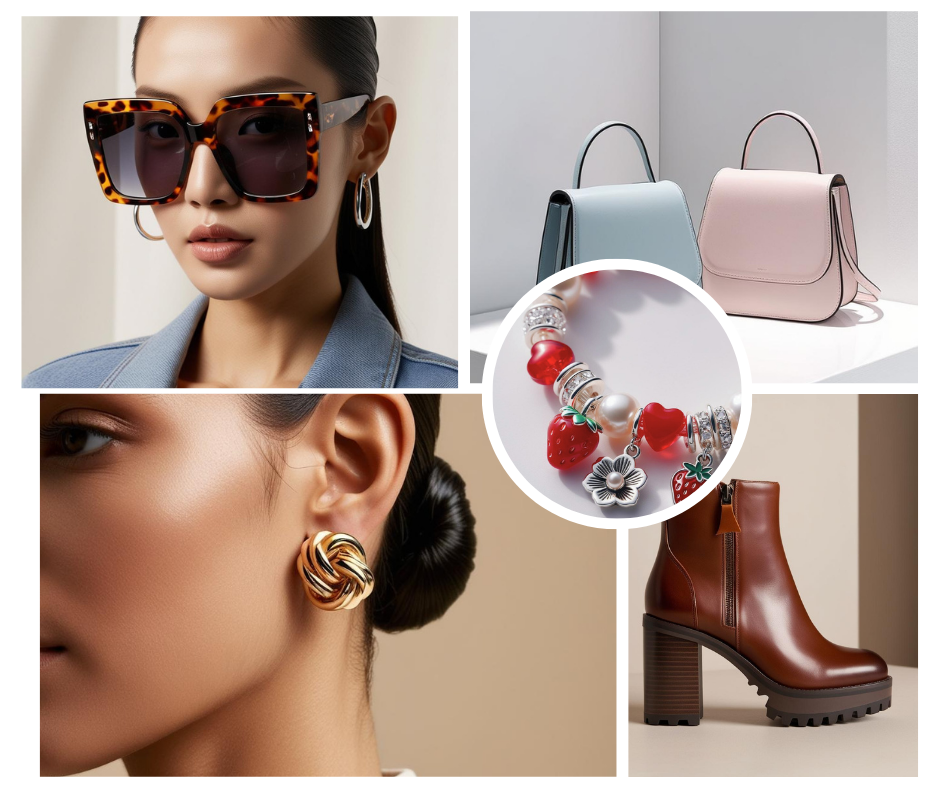 Spring accessories featured image including various accessories like earring, shades, boots, bracelet and handbag.
