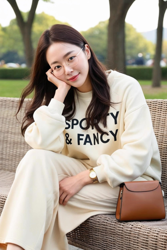 Clean girl aesthetics with oversize sweater and matching trousers.