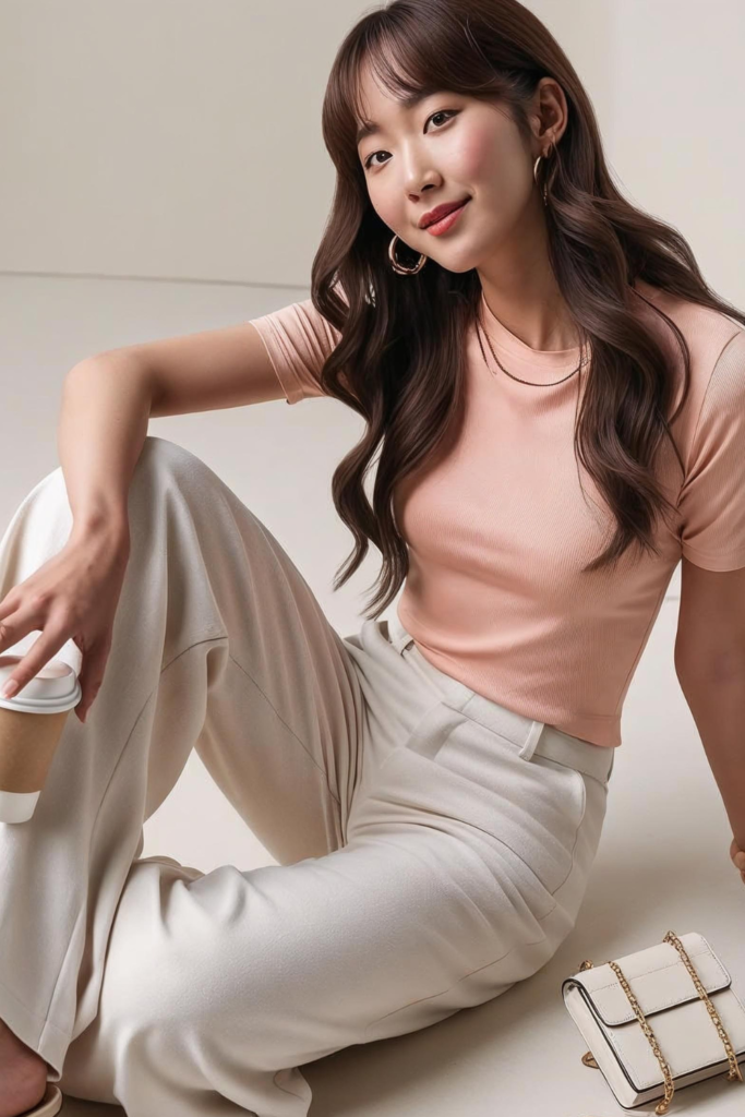 A woman wearing simple peach t-shirt with cream pants.