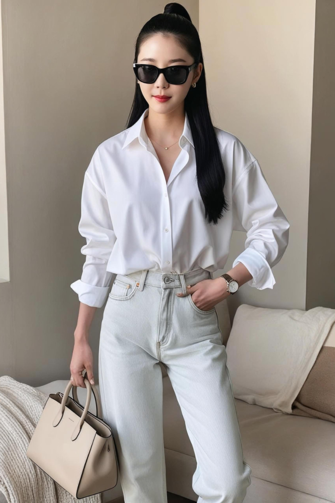 Clean girl aesthetics with a white button down shirt and light wash jeans.