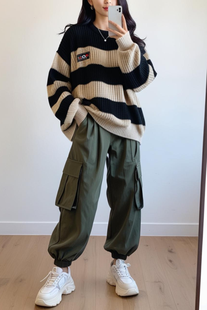 A woman wearing an oversized sweater with cargo pants.