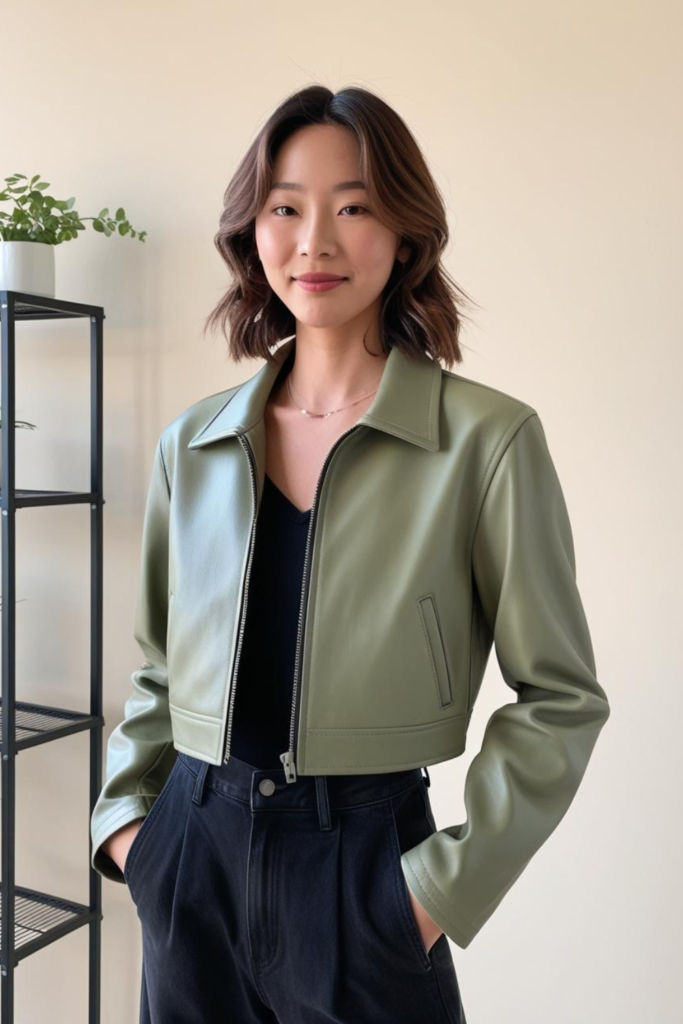 woman wearing a jacket with simple black top and trousers.