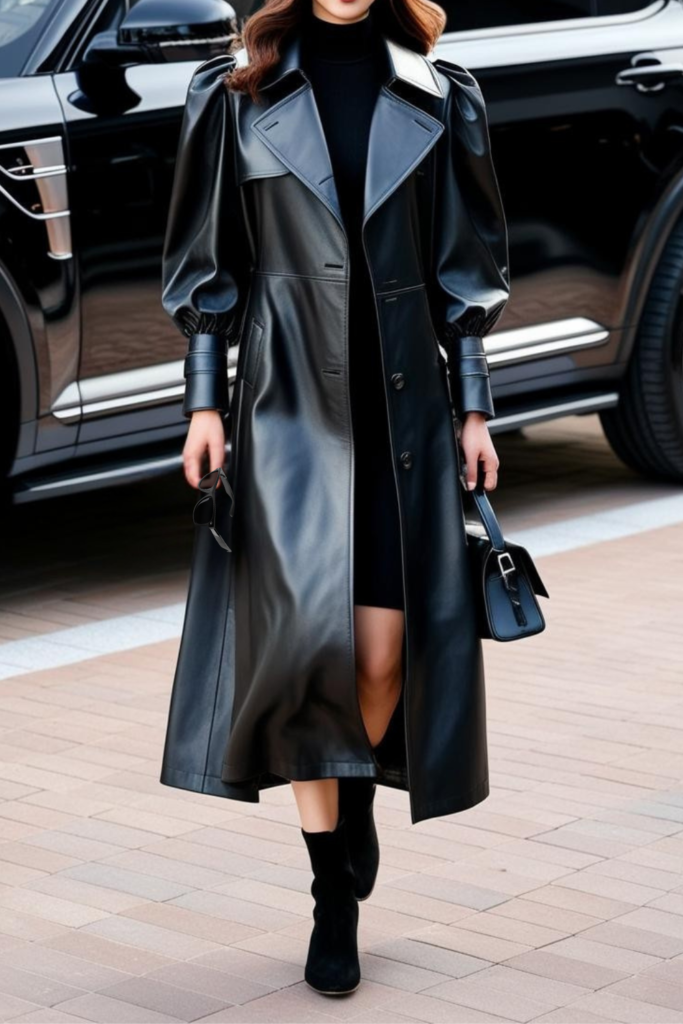 Woman wearing a leather trench coat over a ribbed short bodycon dress.