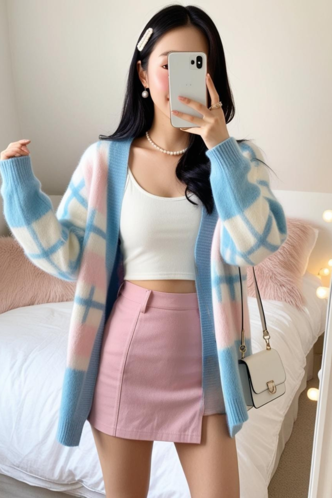 Soft pastel cardigan with soft pink skirt.
