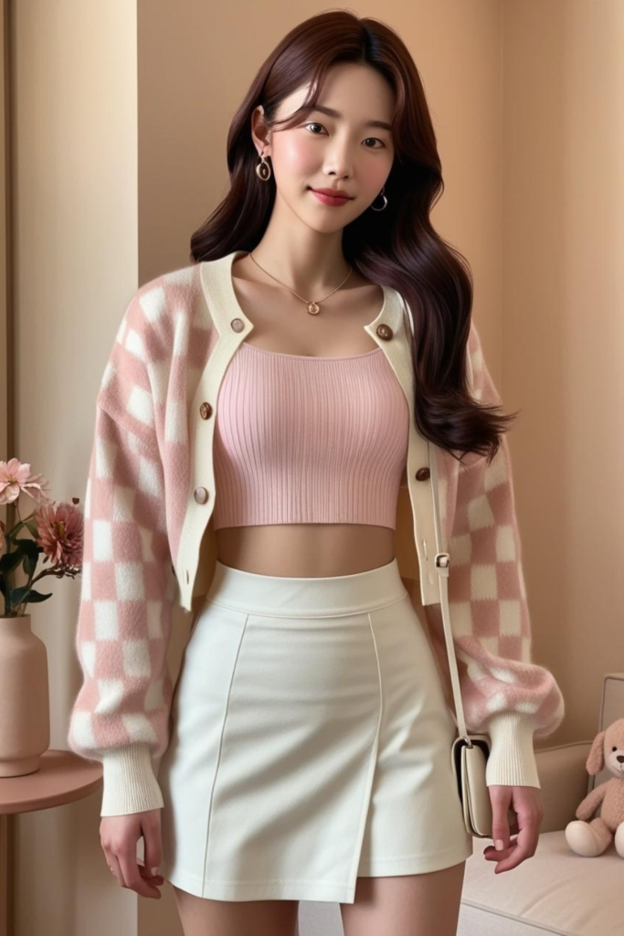 A woman wearing plaid pastel cardigan with white skirt.