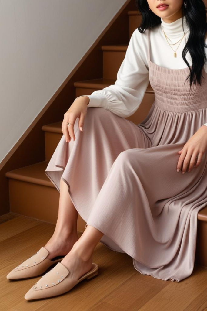 Soft pastel dusty rose dress with designer mules.
