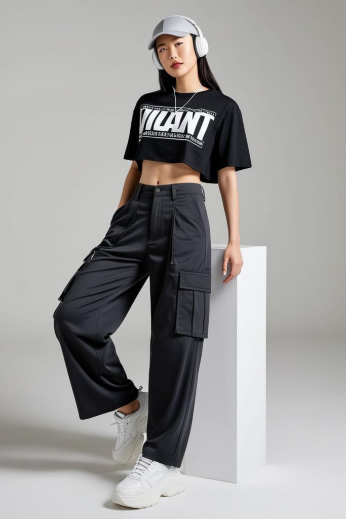 A woman wearing cropped tee and cargo pants.