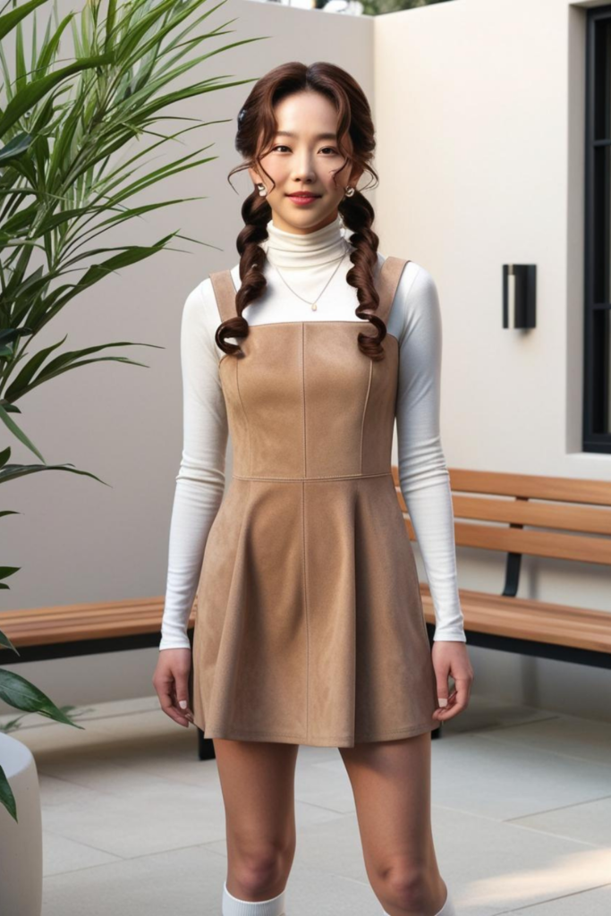 Casual korean outfit including a simple dress layered over a turtleneck.