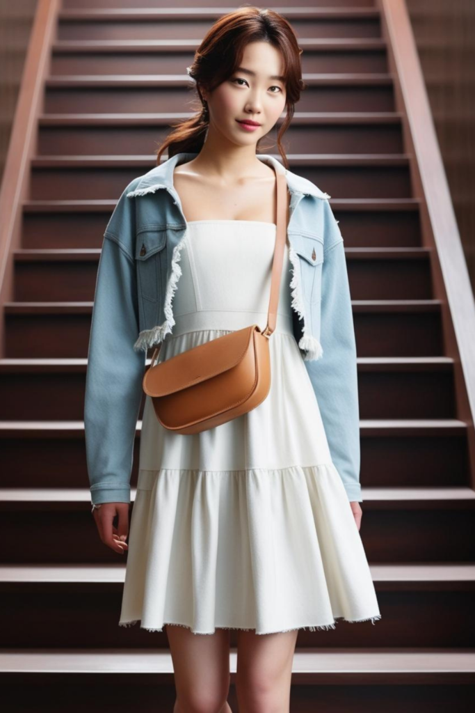 Korean casual outfit including denim jacket layered over a simple dress.