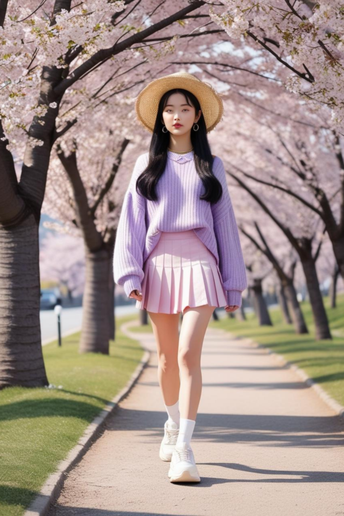 A korean woman wearing an oversized sweater over a pastel tennis skirt.