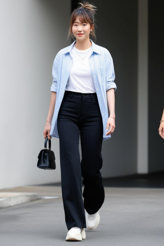 Casual korean outfit including striped blue shirt with simple tee and trouser.