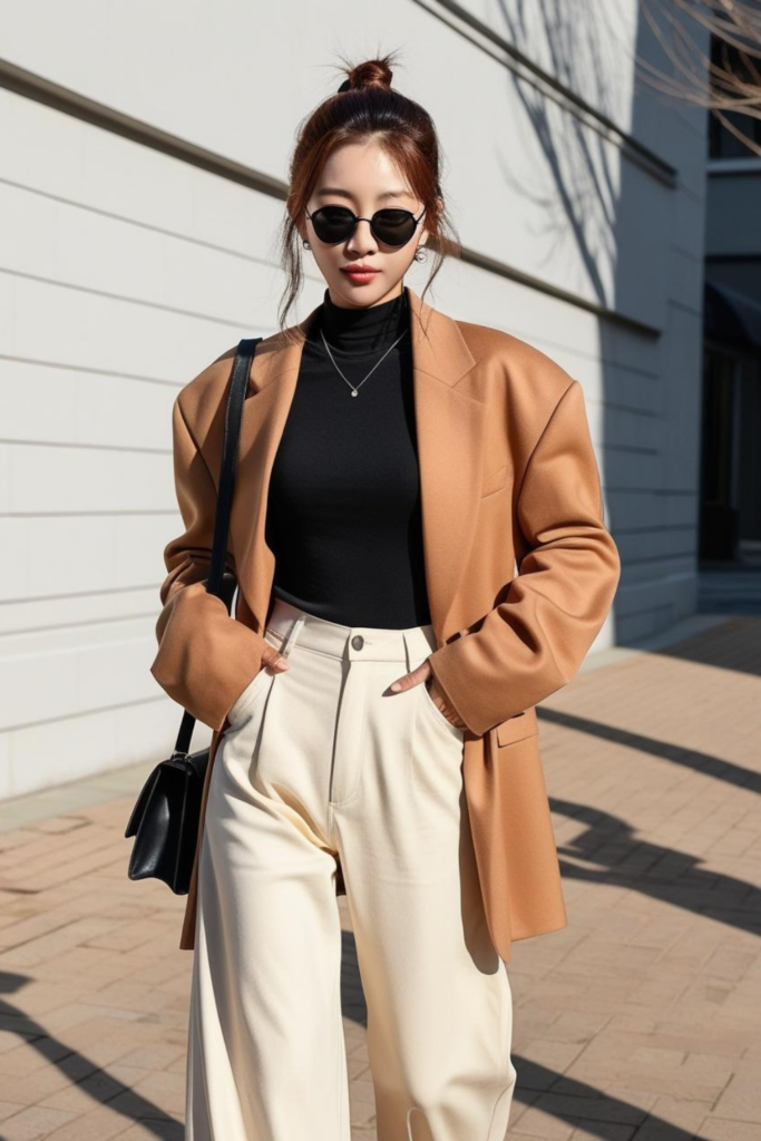 Korean office look with oversize blazer and work trousers.