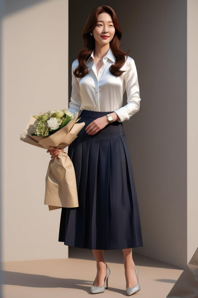 Korean date night outfit with silk buttoned blouse and midi skirt.