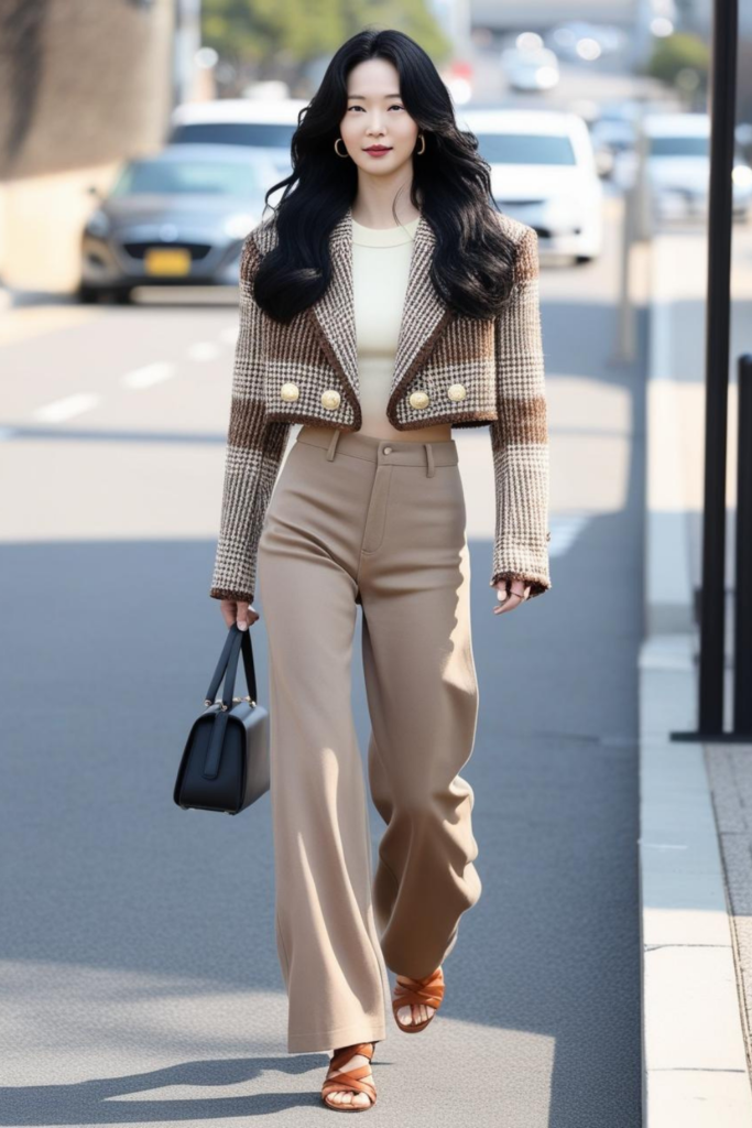 Korean office outfit consisting tweed blazer and work trousers.