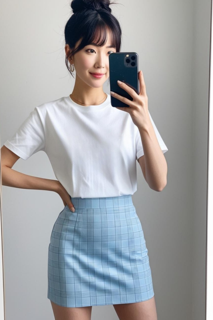 Korean casual outfit including simple t-shirt and plaid mini fitted skirt.