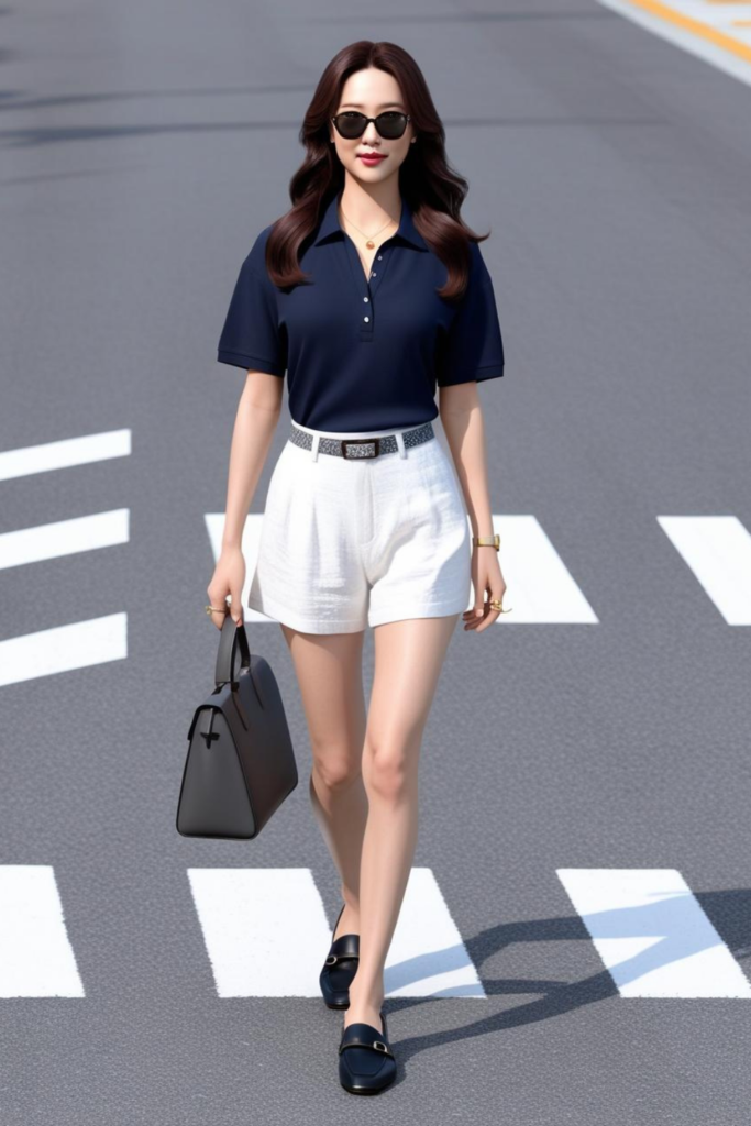 Old money outfit with navy blue polo shirt and linen shorts.