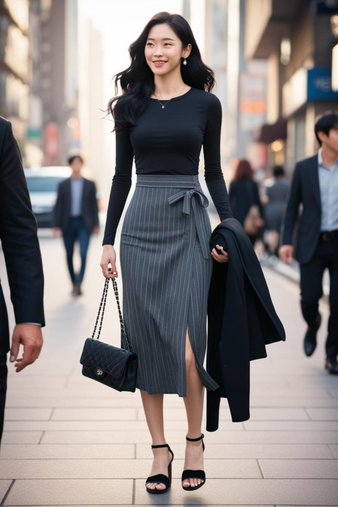 Elegant outfit including fitted black top with wrap skirt.