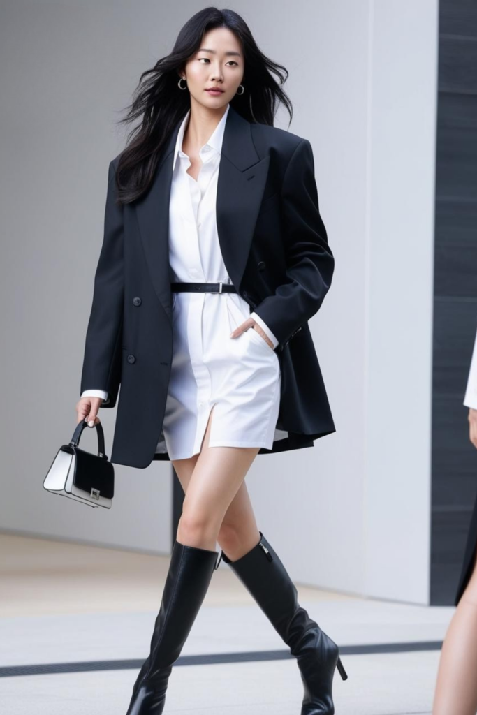 Bold office look with shirt dress and oversized blazer.