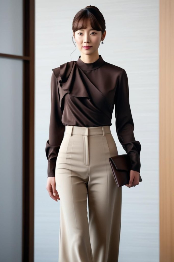 Work outfit with ruffled asymmetrical top and work trousers.