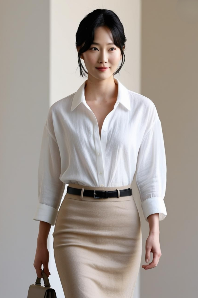 Linen shirt paired beautifully with pencil skirt.