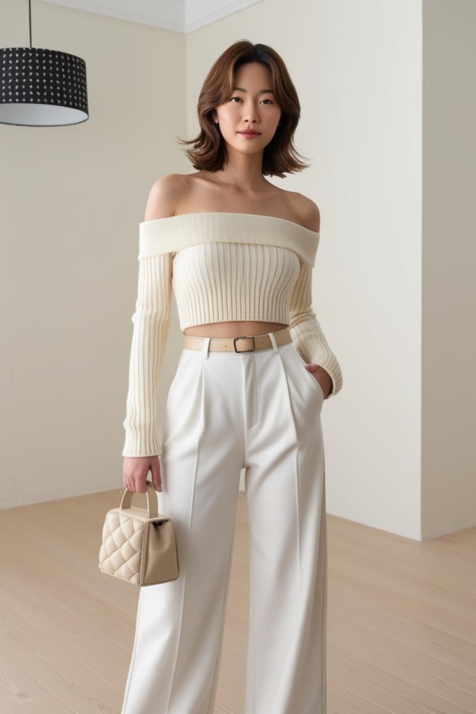 Simple elegant outfit of off-shoulder top with white trousers