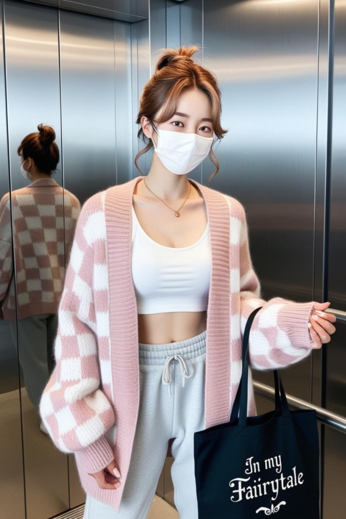Chic style korean outfit with and white checkered cardigan with sweats.