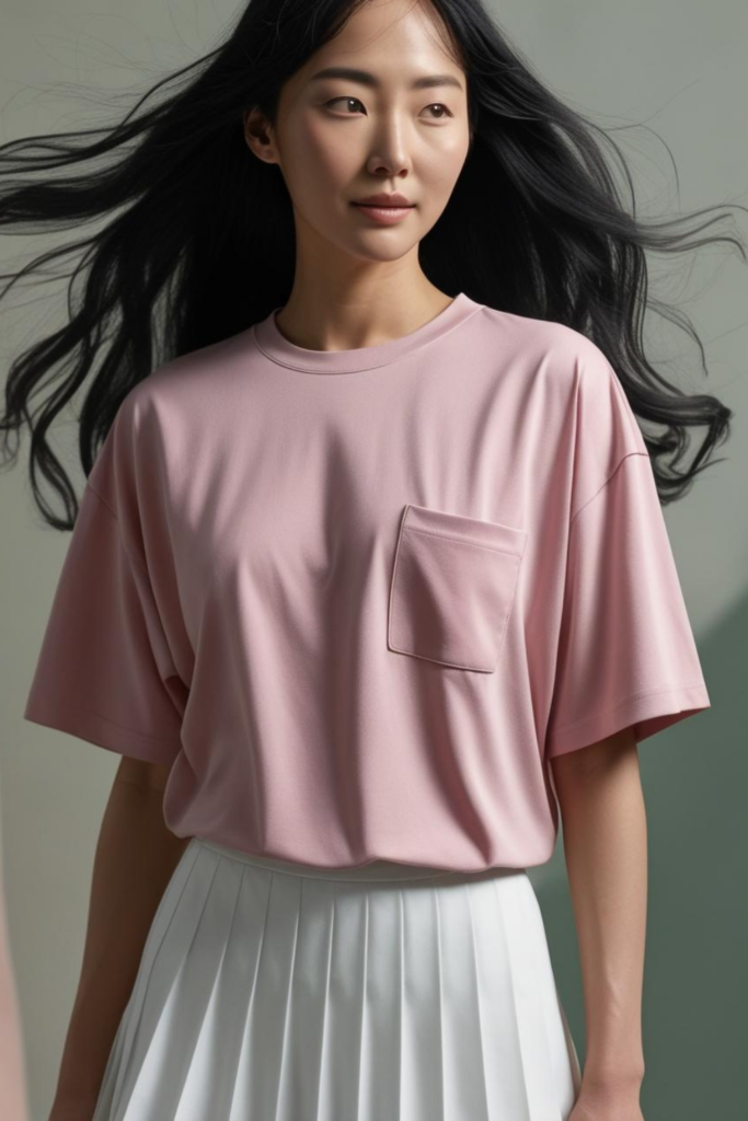 Pink aesthetic with a simple t-shirt paired with white tennis skirt.