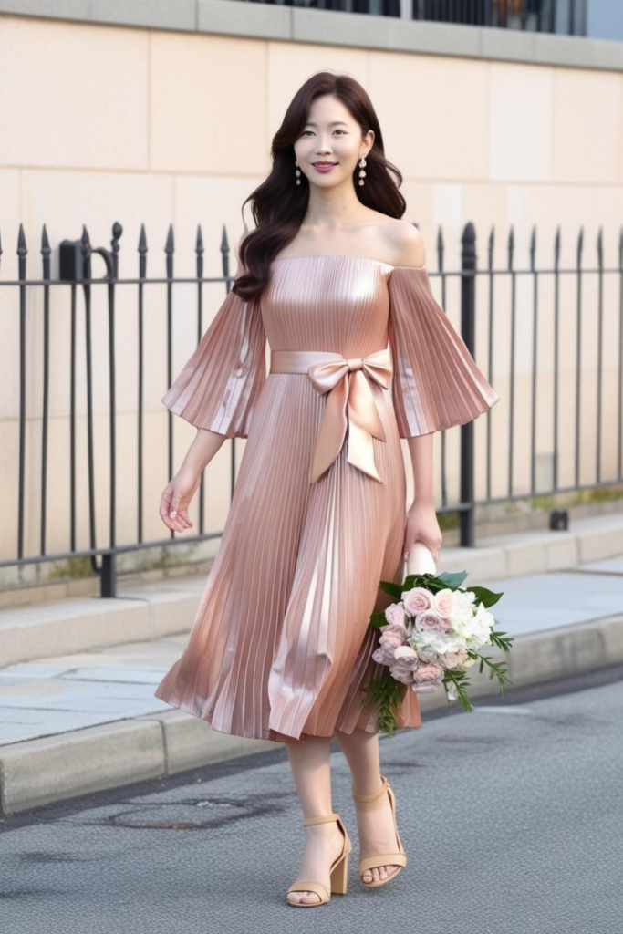 Korean spring dress, pleated flow with a bow at the waist.