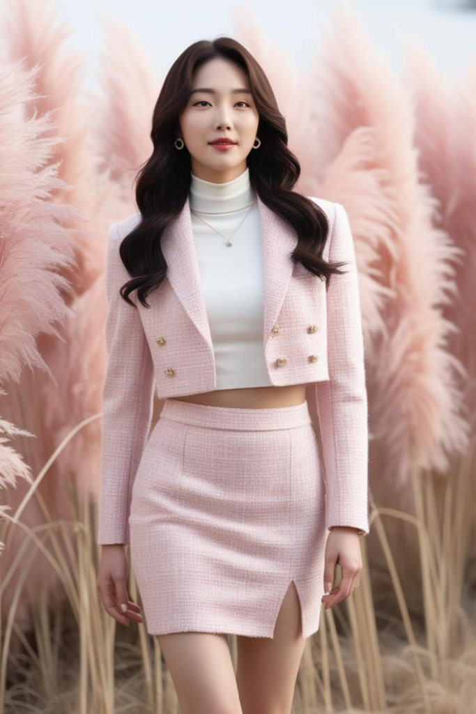 Pink aesthetic with soft pink tweed blazer and skirt set.