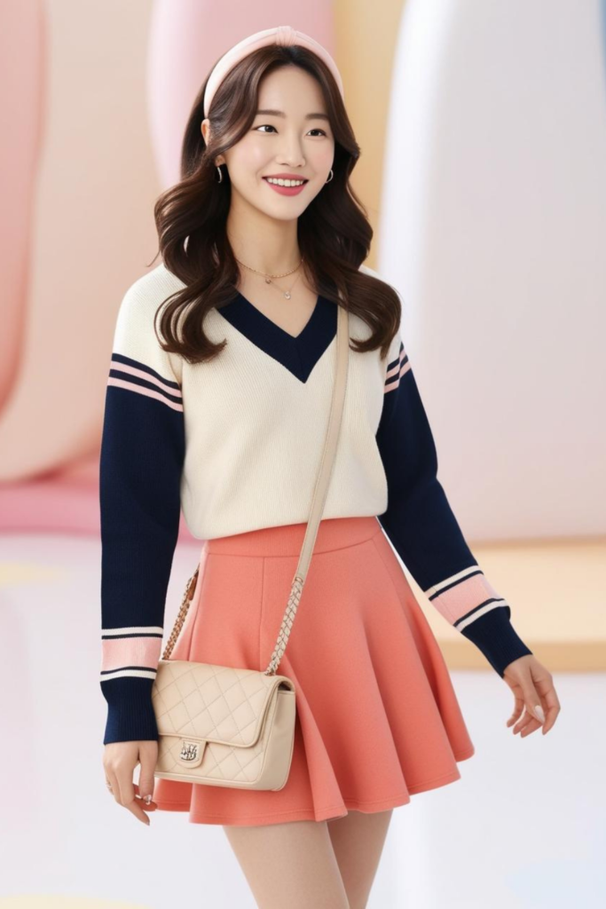 Korean outfit with simple sweater and flared mini skirt.