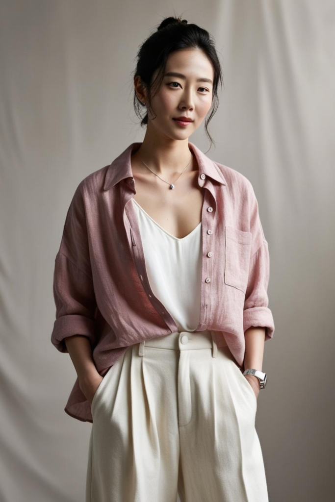 Bold Korean look with linen shirt over a white camisole and beige trousers.
