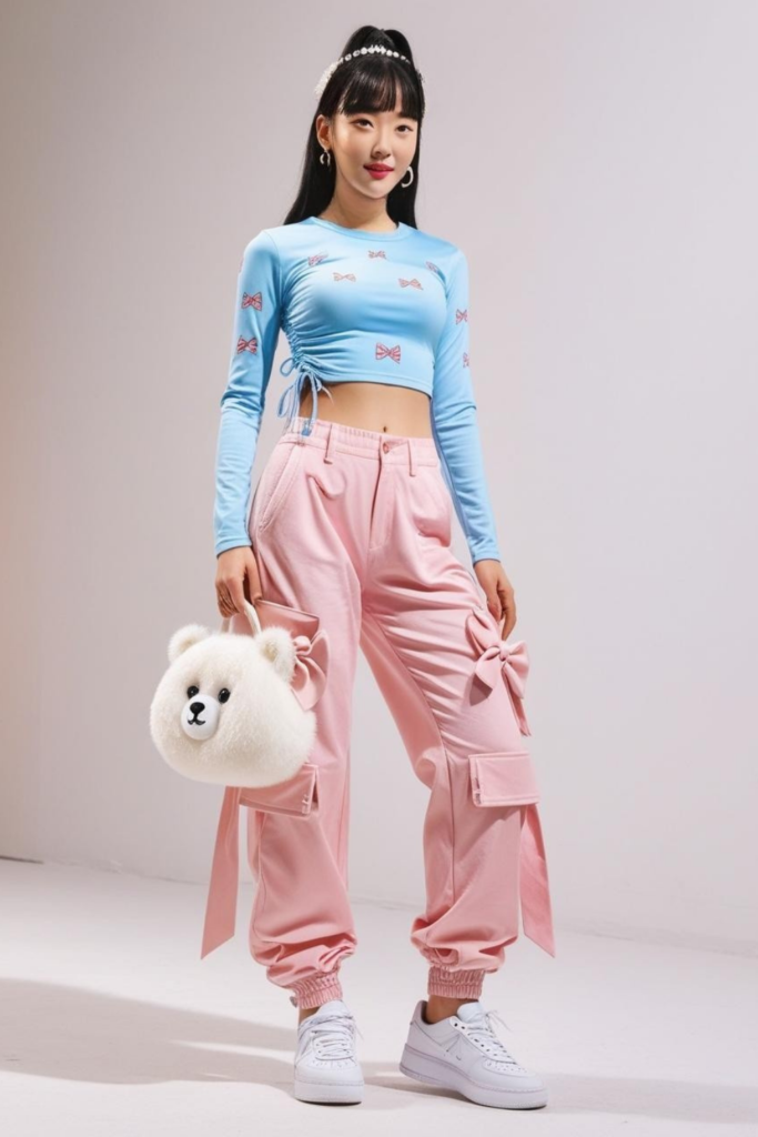 Y2K inspired outfit with fitted long sleeved top and cargo pants.