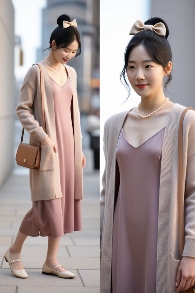 Pink aesthetic with simple slip dress and beige cardigan.
